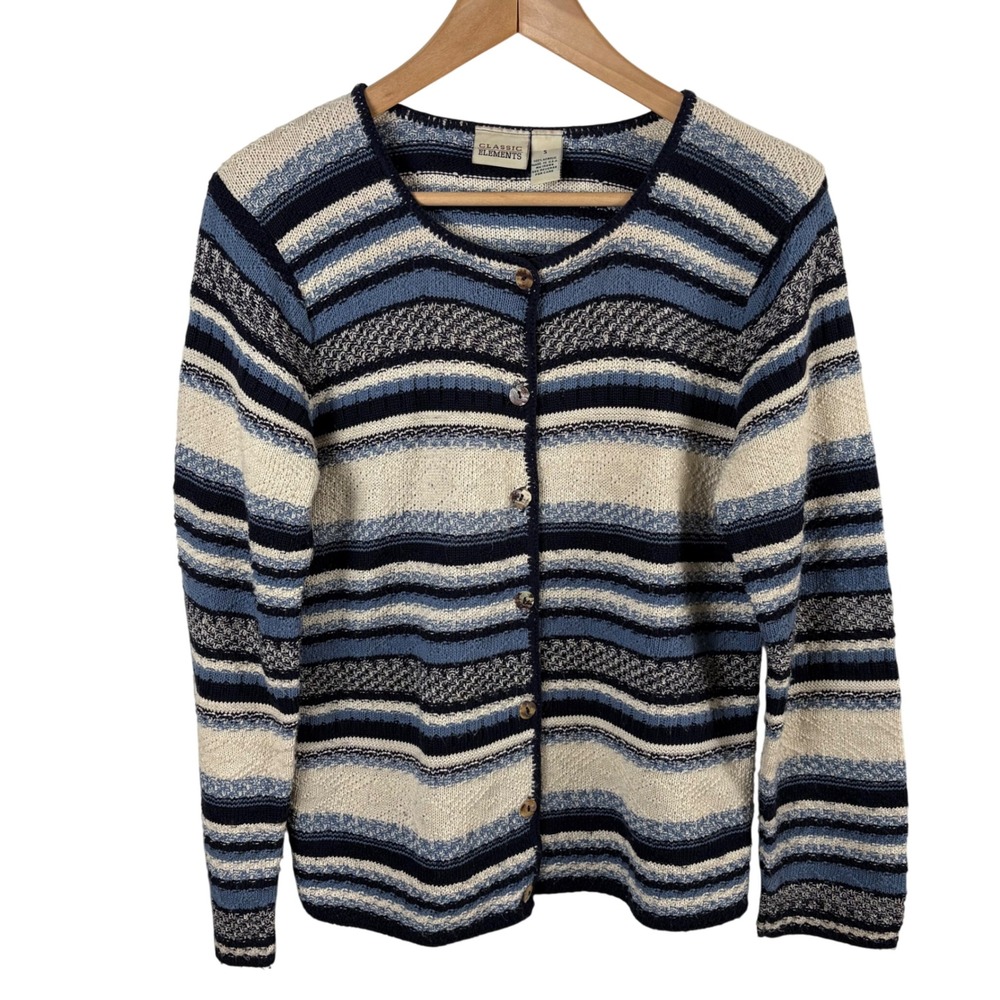 Vtg Cardigan Women's S Blue Cream Striped Knit‎ Coastal Nautical Grandmacore